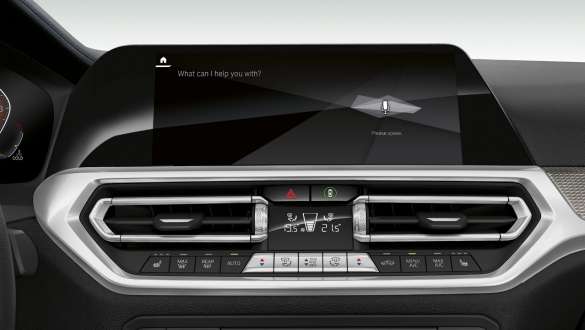 Frontal close-up of the cockpit display of the BMW 3 Series Sedan with BMW Intelligent Personal Assistant.